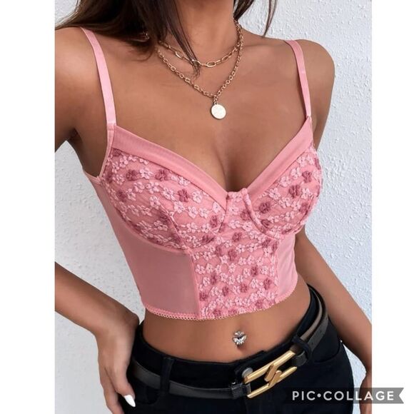 Y2K Barbie Core Floral Embroidered Bustier Seashell Cup Cami Top Size Large - Picture 1 of 5